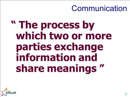 1 “ The process by which two or more parties exchange information and share meanings ” Communication.