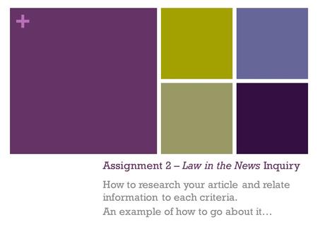 + Assignment 2 – Law in the News Inquiry How to research your article and relate information to each criteria. An example of how to go about it…