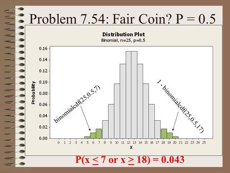 Problem 7.54: Fair Coin? P = 0.5 P(x < 7 or x > 18) = 0.043