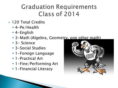  120 Total Credits  4-Pe/Health  4-English  3-Math (Algebra, Geometry, one other math)  3- Science  3-Social Studies  1-Foreign Language  1-Practical.