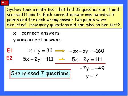 #1 Sydney took a math test that had 32 questions on it and scored 111 points. Each correct answer was awarded 5 points and for each wrong answer two points.