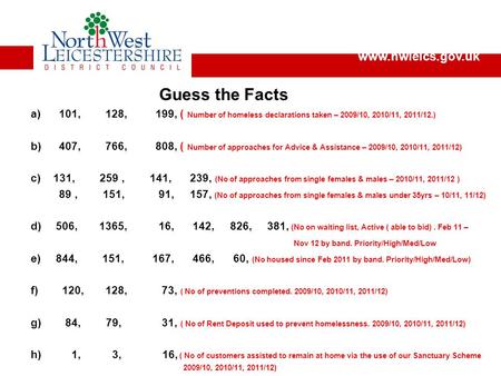 Guess the Facts a) 101, 128, 199, ( Number of homeless declarations taken – 2009/10, 2010/11, 2011/12.) b) 407, 766, 808, ( Number of approaches for Advice.