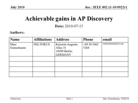 Doc.: IEEE 802.11-10/0922r1 Submission July 2010 Marc Emmelmann, FOKUSSlide 1 Achievable gains in AP Discovery Date: 2010-07-15 Authors: