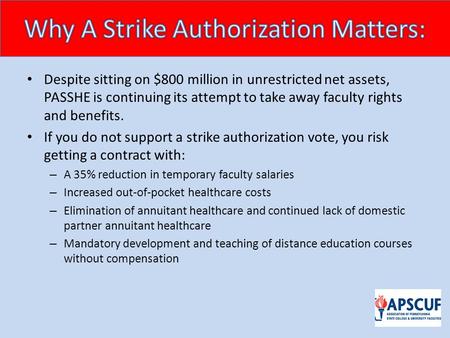 Despite sitting on $800 million in unrestricted net assets, PASSHE is continuing its attempt to take away faculty rights and benefits. If you do not support.