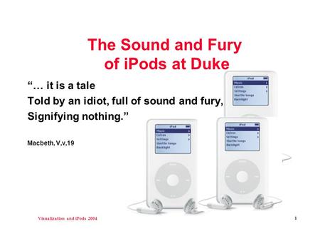 Visualization and iPods 2004 1 The Sound and Fury of iPods at Duke “… it is a tale Told by an idiot, full of sound and fury, Signifying nothing.” Macbeth,