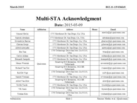 Submission 802.11-15/0366r0March 2015 Multi-STA Acknowledgment Date: 2015-03-09 Slide 1Simone Merlin et al. (Qualcomm) NameAffiliationAddressPhoneEmail.