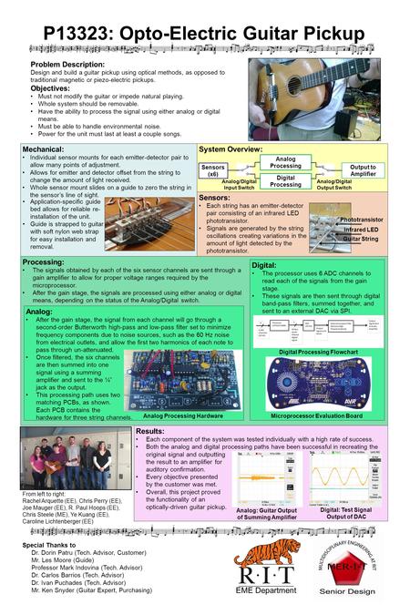 Problem Description: Design and build a guitar pickup using optical methods, as opposed to traditional magnetic or piezo-electric pickups. Objectives: