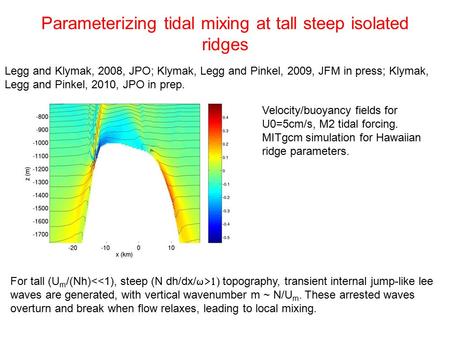 Parameterizing tidal mixing at tall steep isolated ridges Velocity/buoyancy fields for U0=5cm/s, M2 tidal forcing. MITgcm simulation for Hawaiian ridge.