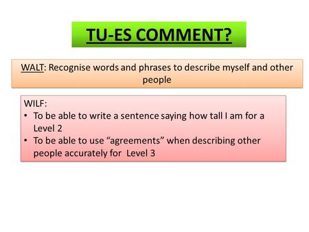 WALT: Recognise words and phrases to describe myself and other people WILF: To be able to write a sentence saying how tall I am for a Level 2 To be able.