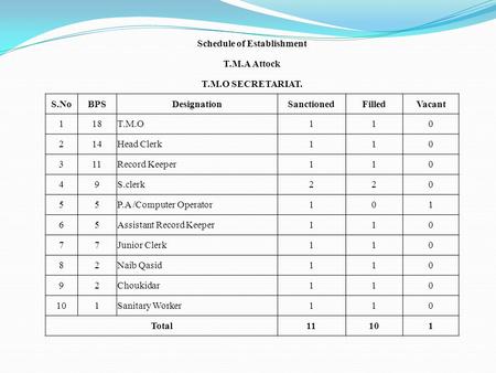 Schedule of Establishment T.M.A Attock T.M.O SECRETARIAT. S.NoBPSDesignationSanctionedFilledVacant 118T.M.O110 214Head Clerk110 311Record Keeper110 49S.clerk220.