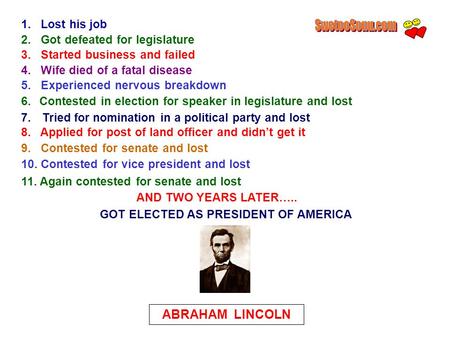 1. Lost his job 2. Got defeated for legislature 3. Started business and failed 4. Wife died of a fatal disease 5. Experienced nervous breakdown 6.Contested.