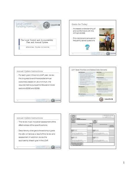 The Local Control and Accountability Plan and Annual Update Effectiveness, Progress and Outcomes 1 Goals for Today Increased understanding of and comfort.