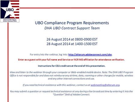 UBO Compliance Program Requirements DHA UBO Contract Support Team