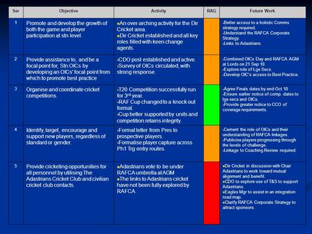 SerObjectiveActivityRAGFuture Work 1 Promote and develop the growth of both the game and player participation at stn level. An over-arching activity for.