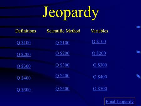 Jeopardy DefinitionsScientific MethodVariables Q $100 Q $200 Q $300 Q $400 Q $500 Q $100 Q $200 Q $300 Q $400 Q $500 Final Jeopardy.