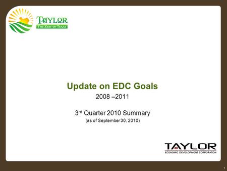 Confidential © 2009 City of Taylor, TX. All rights reserved. 1 Update on EDC Goals 2008 –2011 3 rd Quarter 2010 Summary (as of September 30, 2010)