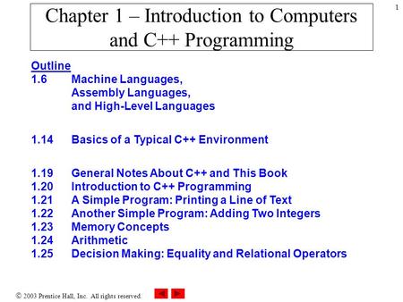  2003 Prentice Hall, Inc. All rights reserved. 1 Chapter 1 – Introduction to Computers and C++ Programming Outline 1.6 Machine Languages, Assembly Languages,