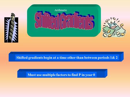 Shifted gradients begin at a time other than between periods 1& 2Must use multiple factors to find P in year 0 Arithmetic.