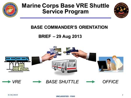 UNCLASSIFIED - FOUO 5/16/20151 Marine Corps Base VRE Shuttle Service Program BASE COMMANDER’S ORIENTATION BRIEF – 29 Aug 2013 BRIEF – 29 Aug 2013 VRE BASE.