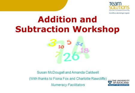 Addition and Subtraction Workshop Susan McDougall and Amanda Caldwell (With thanks to Fiona Fox and Charlotte Rawcliffe) Numeracy Facilitators.