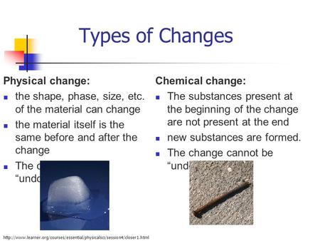 Types of Changes Physical change: