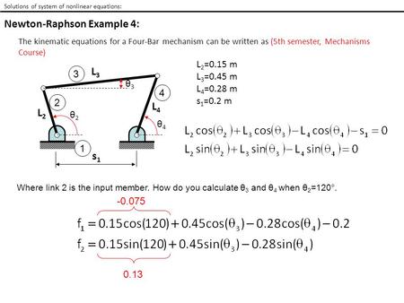 Solutions of system of nonlinear equations: Newton-Raphson Example 4: The kinematic equations for a Four-Bar mechanism can be written as (5th semester,