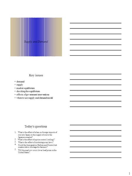 Supply and Demand Key issues demand supply market equilibrium shocking the equilibrium effects of government interventions when to use supply and demand.