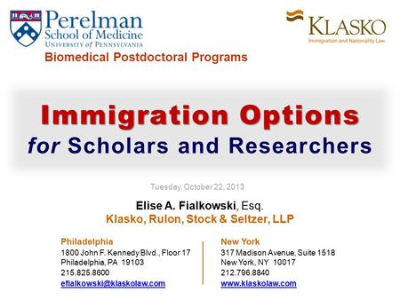 Elise A. Fialkowski, Esq. Klasko, Rulon, Stock & Seltzer, LLP Philadelphia New York 1800 John F. Kennedy Blvd., Floor 17317 Madison Avenue, Suite 1518.