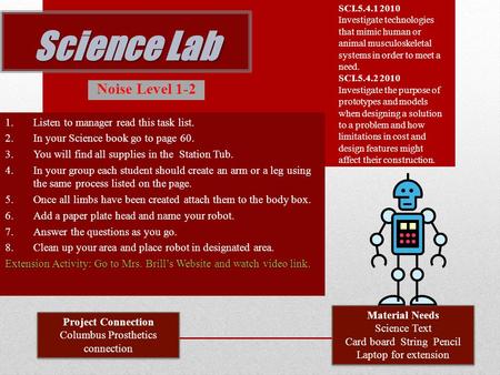 Science Lab 1.Listen to manager read this task list. 2.In your Science book go to page 60. 3.You will find all supplies in the Station Tub. 4.In your group.