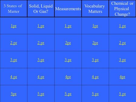 2 pt 3 pt 4 pt 5pt 1 pt 2 pt 3 pt 4 pt 5 pt 1 pt 2pt 3 pt 4pt 5 pt 1pt 2pt 3 pt 4 pt 5 pt 1 pt 2 pt 3 pt 4pt 5 pt 1pt 3 States of Matter Solid, Liquid.