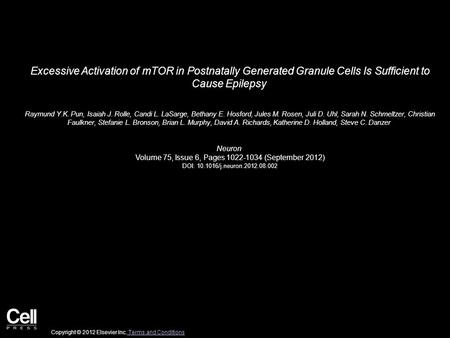 Excessive Activation of mTOR in Postnatally Generated Granule Cells Is Sufficient to Cause Epilepsy Raymund Y.K. Pun, Isaiah J. Rolle, Candi L. LaSarge,