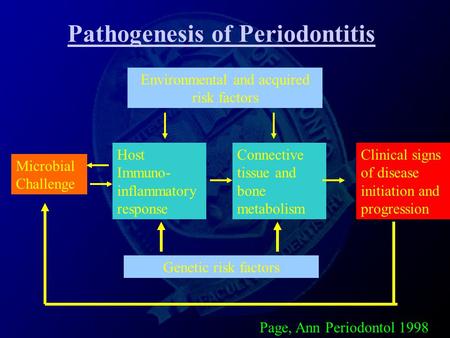 Microbial Challenge Host Immuno- inflammatory response Connective tissue and bone metabolism Clinical signs of disease initiation and progression Environmental.