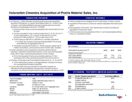 0 Votorantim Cimentos Acquisition of Prairie Material Sales, Inc. TRANSACTION OVERVIEW  On February 7, 2008 Votorantim Cimentos North America announced.