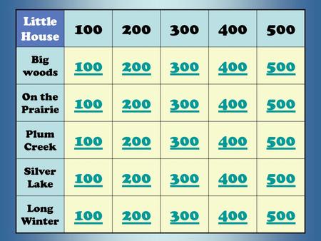 Little House 100200300400500 Big woods 100200300400500 On the Prairie 100200300400500 Plum Creek 100200300400500 Silver Lake 100200300400500 Long Winter.