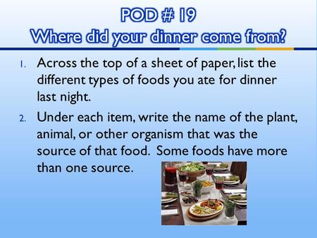 1. Across the top of a sheet of paper, list the different types of foods you ate for dinner last night. 2. Under each item, write the name of the plant,