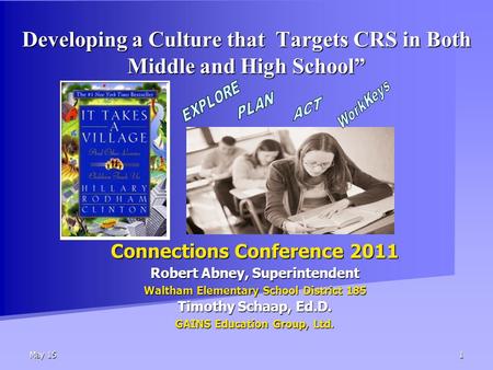 May 151 Developing a Culture that Targets CRS in Both Middle and High School” Connections Conference 2011 Robert Abney, Superintendent Waltham Elementary.