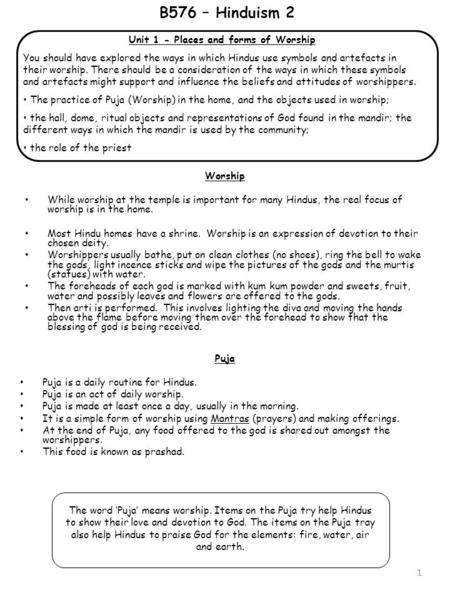 Unit 1 - Places and forms of Worship You should have explored the ways in which Hindus use symbols and artefacts in their worship. There should be a consideration.