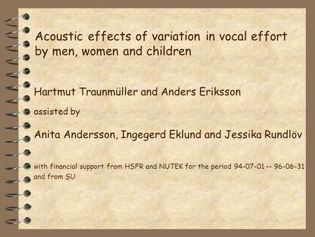 Acoustic effects of variation in vocal effort by men, women and children Hartmut Traunmüller and Anders Eriksson assisted by Anita Andersson, Ingegerd.