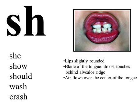 Sh Lips slightly rounded Blade of the tongue almost touches behind alvealor ridge Air flows over the center of the tongue she show should wash crash.