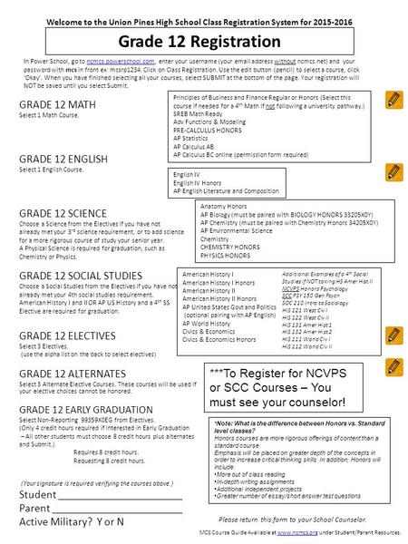 Grade 12 Registration GRADE 12 MATH Select 1 Math Course. GRADE 12 ENGLISH Select 1 English Course. GRADE 12 SCIENCE Choose a Science from the Electives.