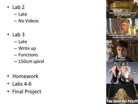 Lab 2 Lab 3 Homework Labs 4-6 Final Project Late No Videos Write up