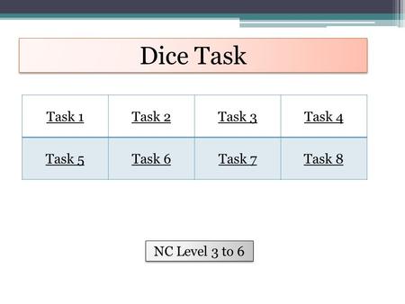 Dice Task Task 1Task 2Task 3Task 4 Task 5Task 6Task 7Task 8 NC Level 3 to 6.