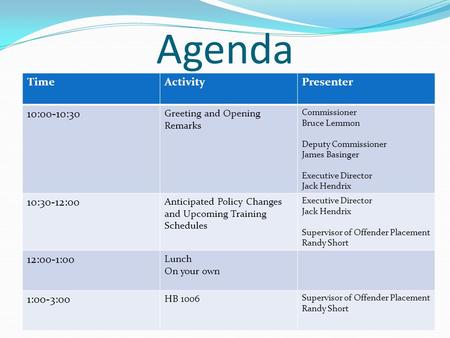 Agenda HB 1006 TimeActivityPresenter 10:00-10:30 Greeting and Opening Remarks Commissioner Bruce Lemmon Deputy Commissioner James Basinger Executive Director.