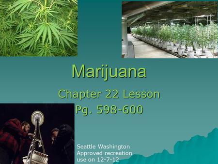 Marijuana Chapter 22 Lesson Pg. 598-600 Seattle Washington Approved recreation use on 12-7-12.