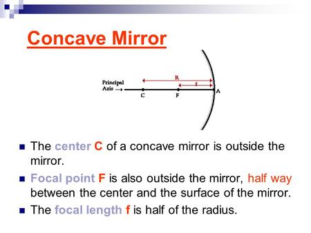 Concave Mirror The center C of a concave mirror is outside the mirror. Focal point F is also outside the mirror, half way between the center and the surface.