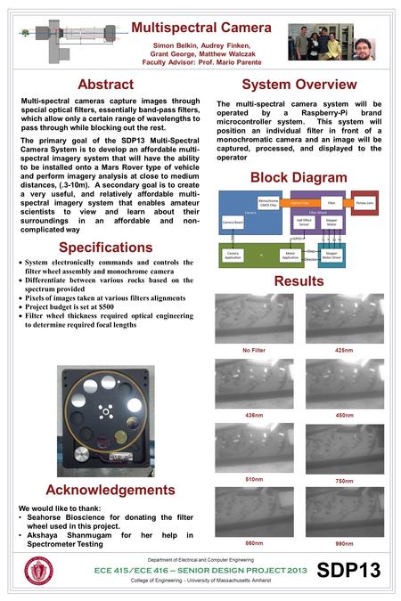 Multispectral Camera Simon Belkin, Audrey Finken, Grant George, Matthew Walczak Faculty Advisor: Prof. Mario Parente Department of Electrical and Computer.