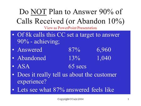 Copyright CCa2z 20041 Do NOT Plan to Answer 90% of Calls Received (or Abandon 10%) View as PowerPoint Presentation Of 8k calls this CC set a target to.