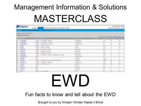 Management Information & Solutions MASTERCLASS EWD Fun facts to know and tell about the EWD Brought to you by Windex! Windex Makes It Shine.