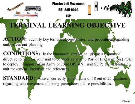 Plan for Unit Movement 551-88N-0003 TSP VG-A-1 TERMINAL LEARNING OBJECTIVE ACTION: Identify key terms, responsibilities, and procedures regarding unit.