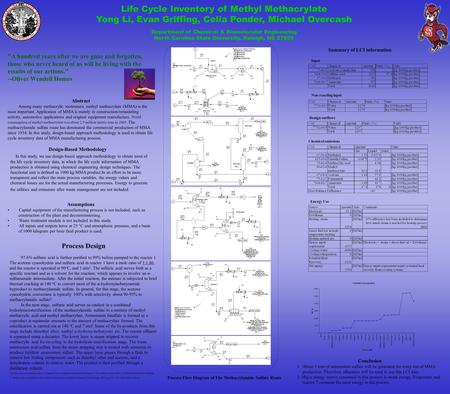 Life Cycle Inventory of Methyl Methacrylate Yong Li, Evan Griffing, Celia Ponder, Michael Overcash Department of Chemical & Biomolecular Engineering North.